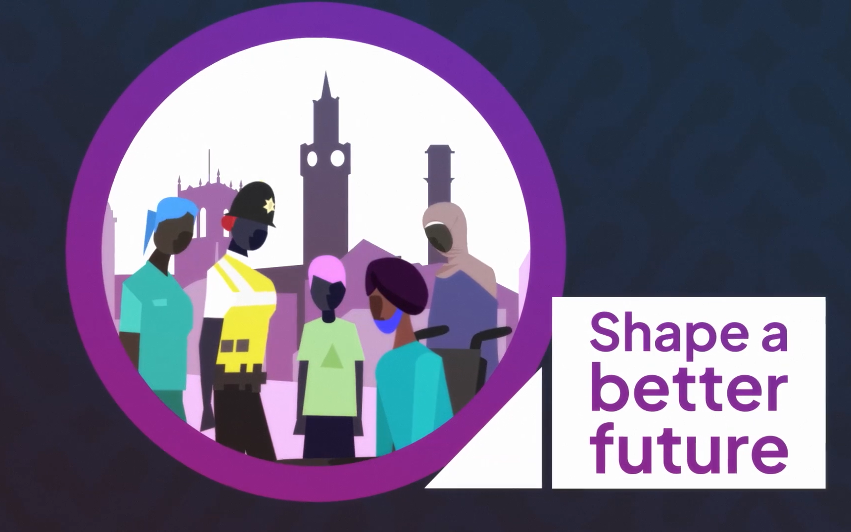 Screenshot from an animated video showing five characters stood in front of a city landscape with the words "shape a better future"